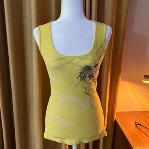 00s/Y2K Love Lola Yellow Ribbed Graphic Tank Top Rhinestone Wings Womens Large
